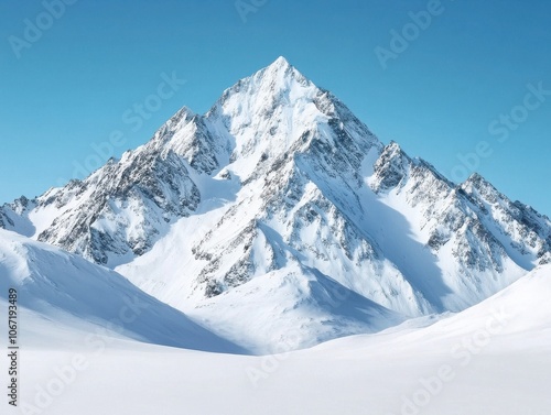 Majestic snow-covered mountain peak under a clear blue sky, captivating natural beauty and serene winter landscape. photo