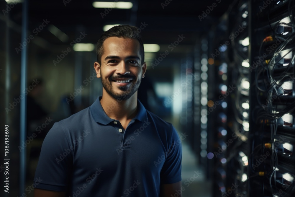 Portrait of a smiling Hispanic male technician in server room Portrait of a smiling Hispanic male technician in server room
