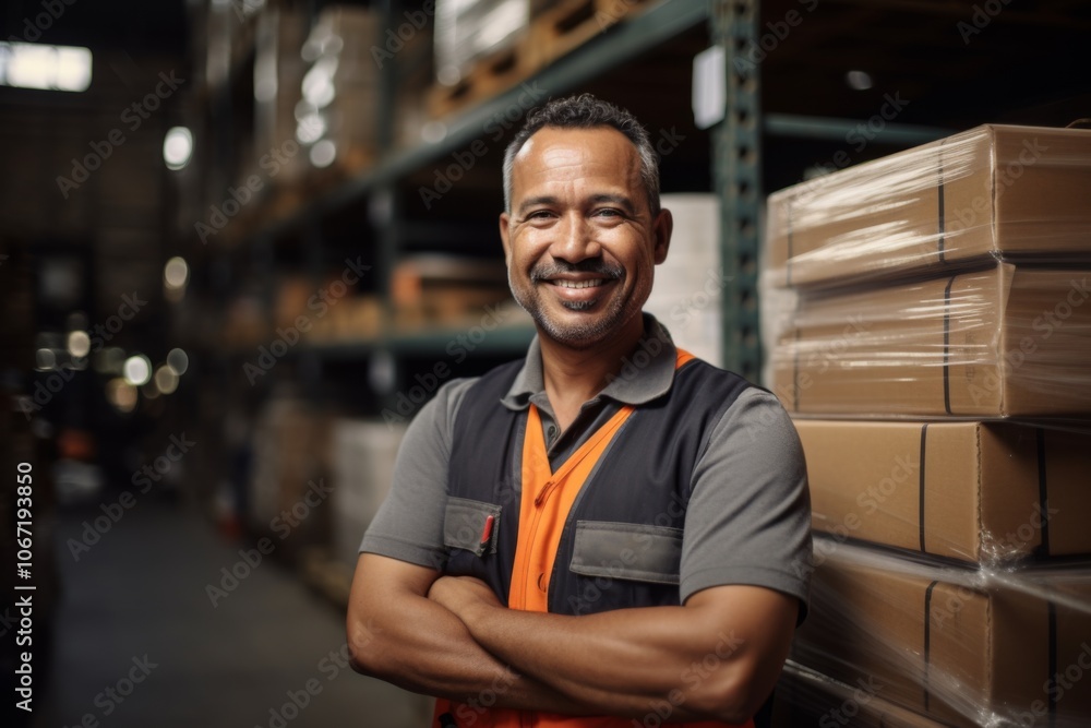 Portrait of a Hispanic middle aged worker leaning on pallet in warehouse Portrait of a Hispanic middle aged worker leaning on pallet in warehouse
