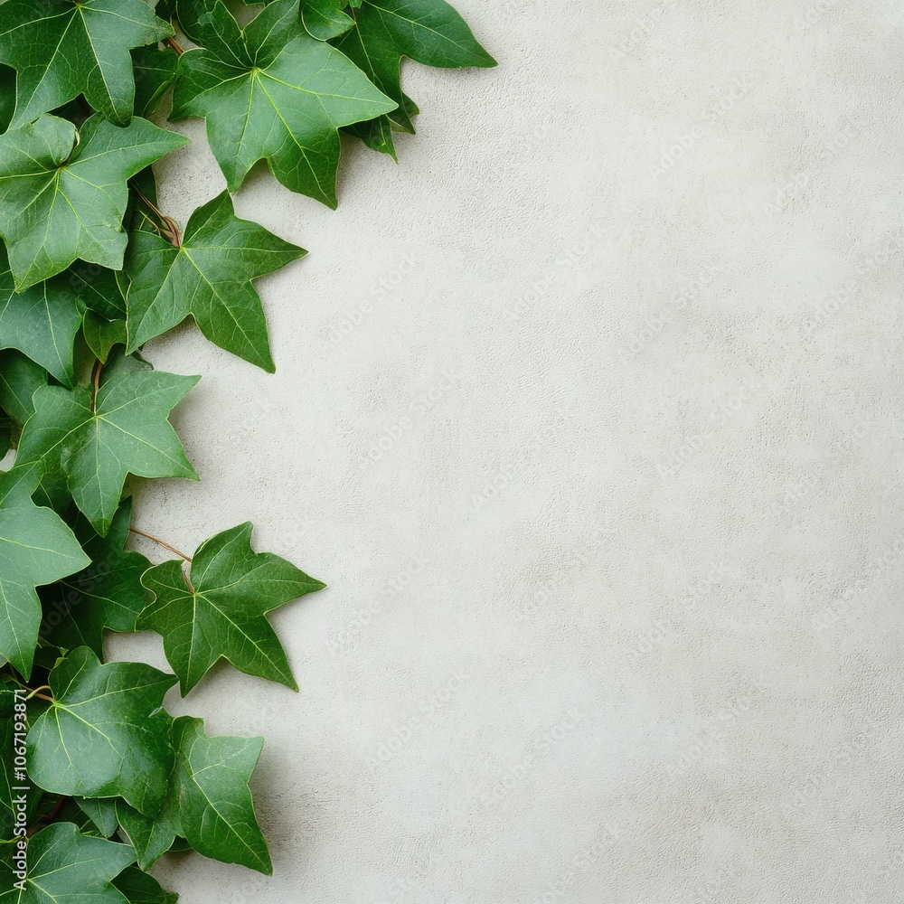Green ivy leaves gracefully border a textured surface, creating a fresh and natural ambiance perfect for design projects. Green ivy leaves gracefully border a textured surface, creating a fresh and natural ambiance perfect for design projects.