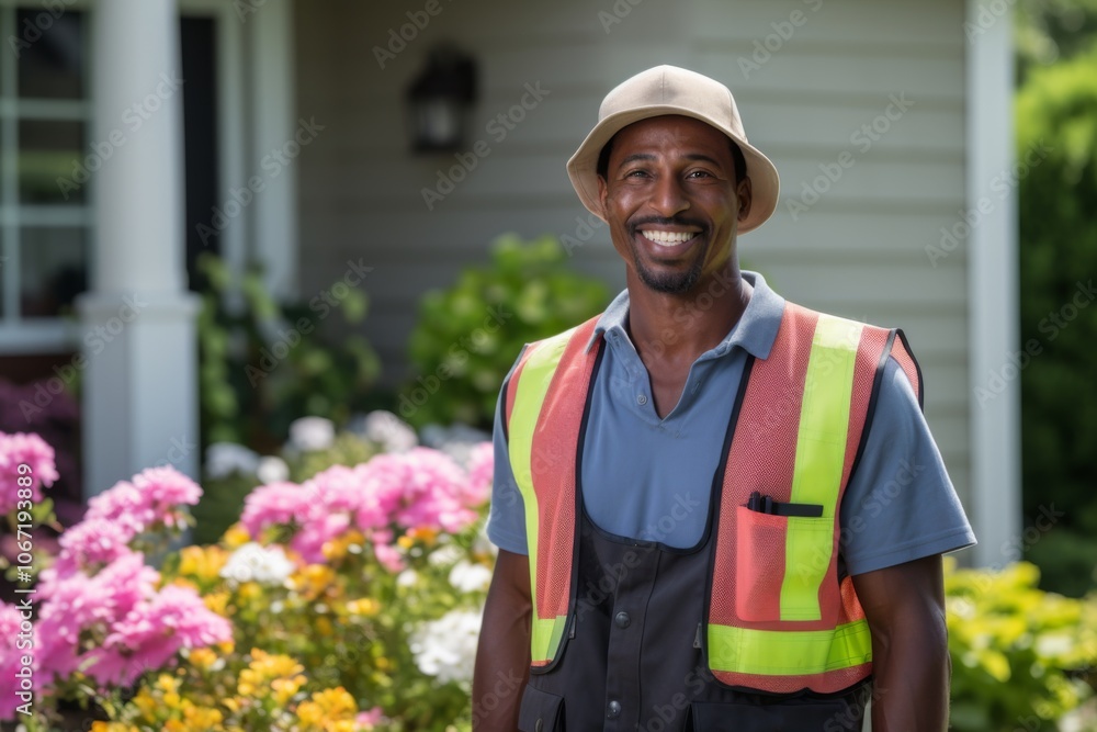 Portrait of a smiling African American gardener in front of house Portrait of a smiling African American gardener in front of house