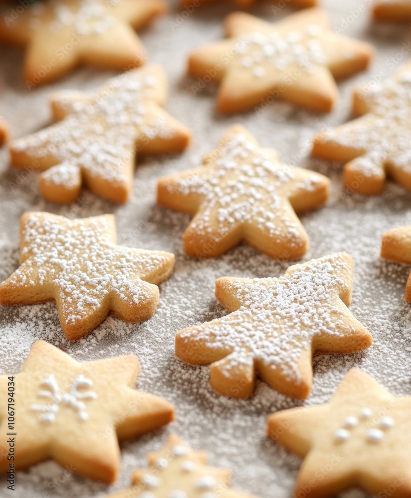 Star-shaped and Christmas tree-shaped sugar cookies covered with powdered sugar on a light background. A festive holiday treat perfect for Christmas baking and cozy winter gatherings. Star-shaped and Christmas tree-shaped sugar cookies covered with powdered sugar on a light background. A festive holiday treat perfect for Christmas baking and cozy winter gatherings.