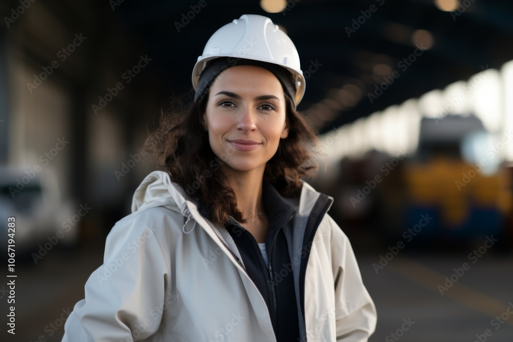 Portrait of a confident woman with reflective vest on dock Portrait of a confident woman with reflective vest on dock