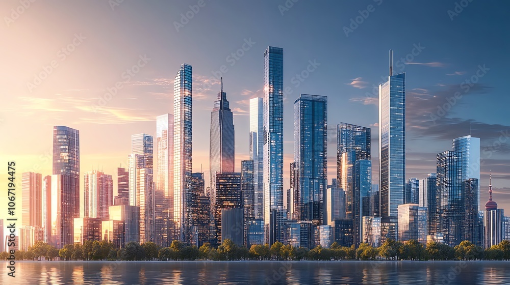 Fototapeta premium Create a sleek, modern city skyline displaying efficient resource allocation in a digital 3D style Ensure buildings vary in height, color, and function
