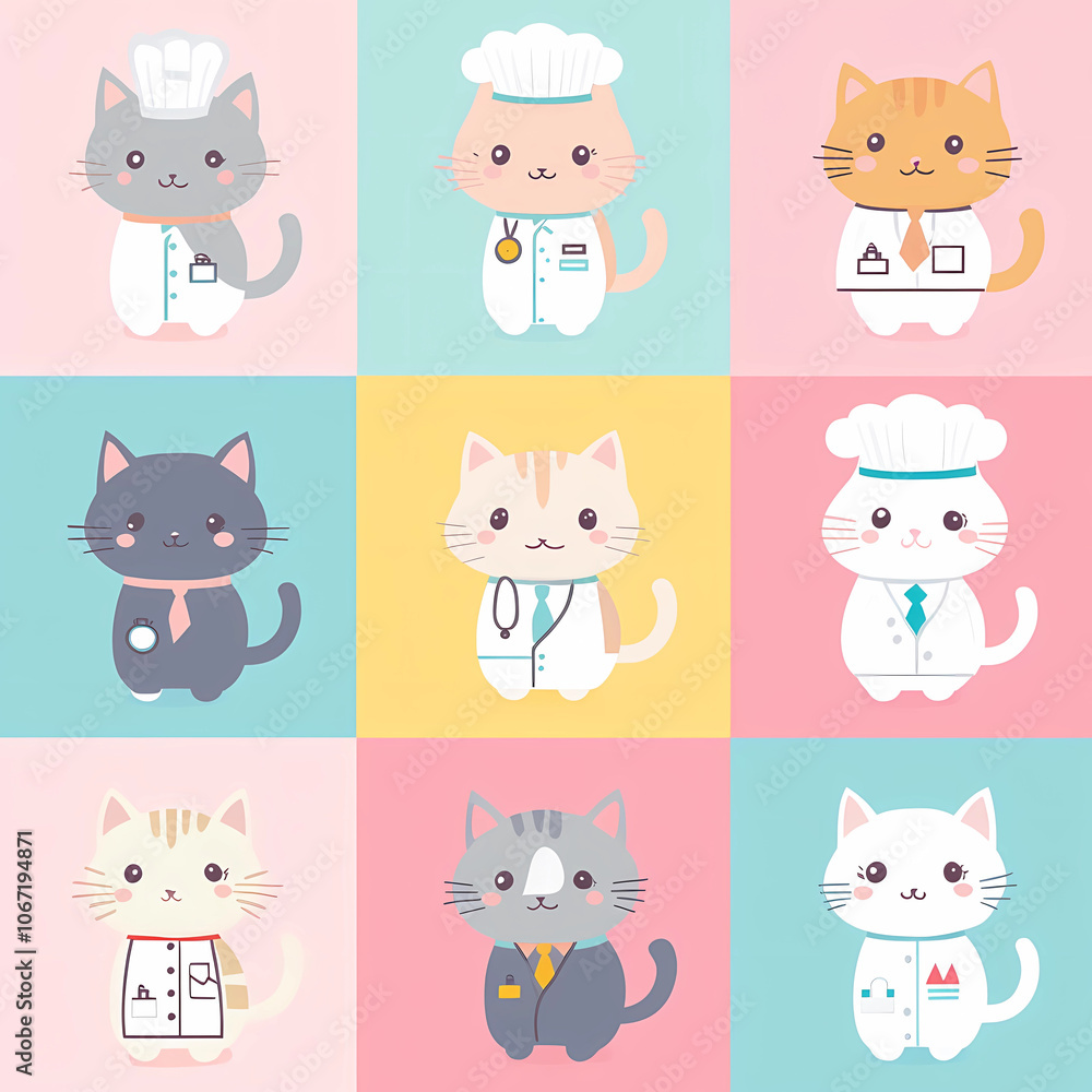 A collection of cute cats in different outfits, like a doctor cat with a stethoscope, a chef cat in a mini hat, and a business cat in a tie, each with happy expressions and soft shading A collection of cute cats in different outfits, like a doctor cat with a stethoscope, a chef cat in a mini hat, and a business cat in a tie, each with happy expressions and soft shading