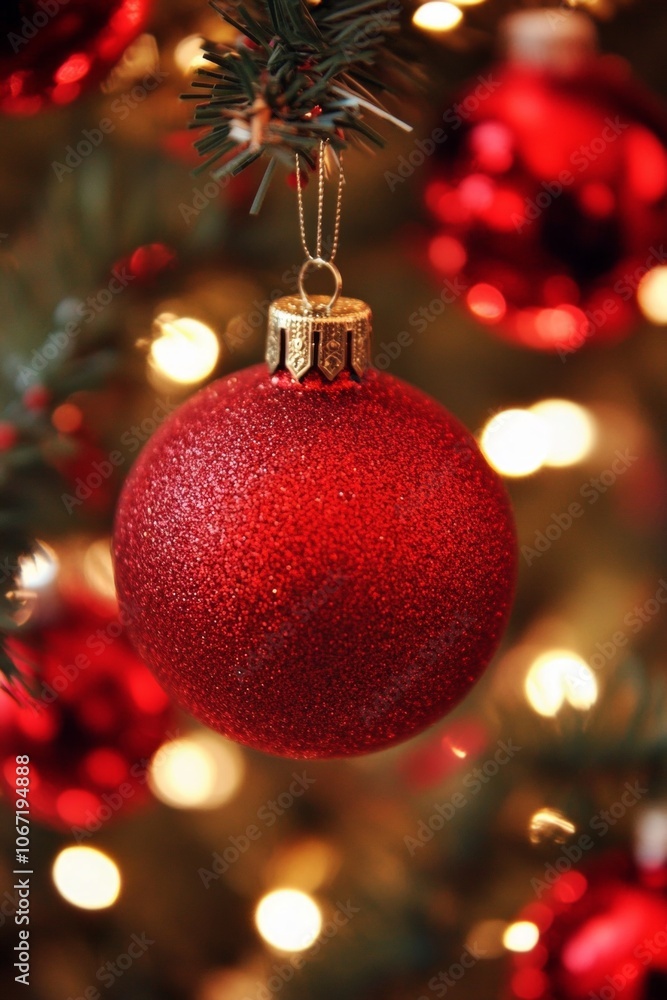 Red glittery baubles hanging on a Christmas tree, with blurred festive lights in the background. A closeup view of classic holiday decorations. Red glittery baubles hanging on a Christmas tree, with blurred festive lights in the background. A closeup view of classic holiday decorations.