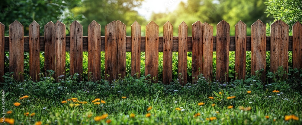 Obraz premium Wooden Fence in a Lush Green Meadow with Sunbeams