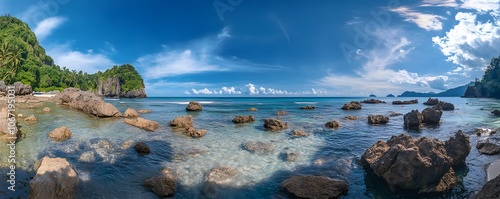 Tropical Beach Scene with Rocky Outcroppings and Clear Blue Water
