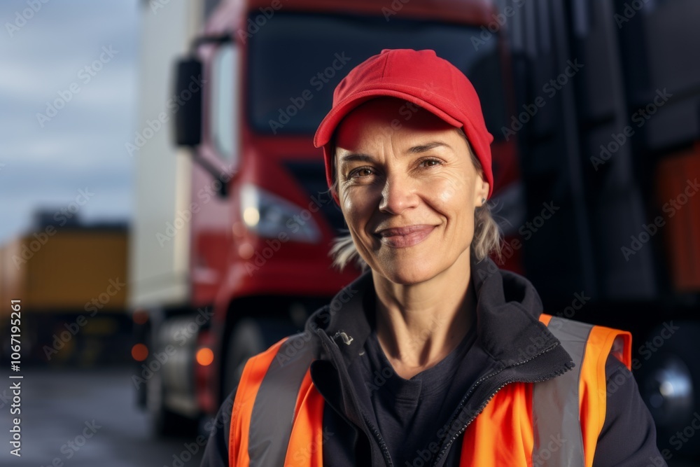 Middle aged female engineer standing by truck in parking lot Middle aged female engineer standing by truck in parking lot