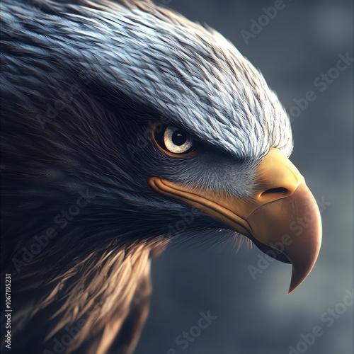 Design a futuristic digital rendering of a soaring eagle in a close-up shot, highlighting its fierce gaze and powerful presence as a symbol of leadership photo