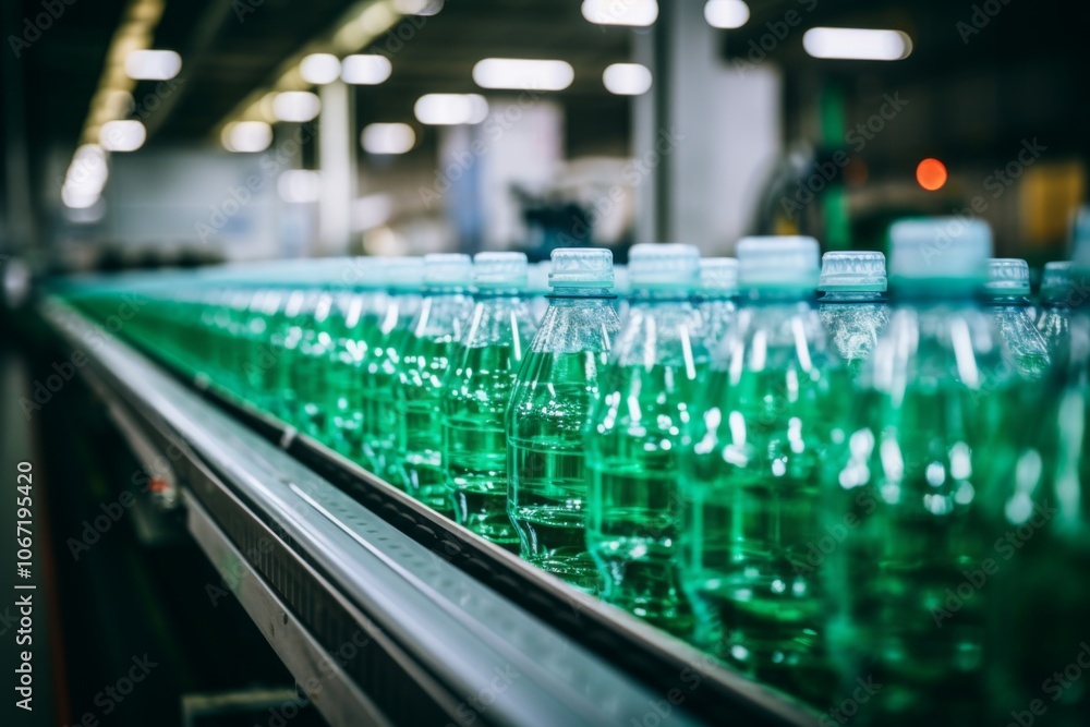 Line of plastic bottles on a assembly line Line of plastic bottles on a assembly line