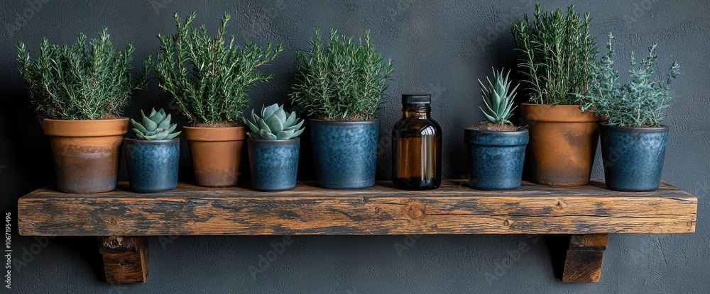 Rustic Wooden Shelf with Potted Plants and a Bottle of Essential Oil Rustic Wooden Shelf with Potted Plants and a Bottle of Essential Oil