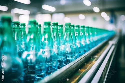 Line of plastic bottles on a assembly line