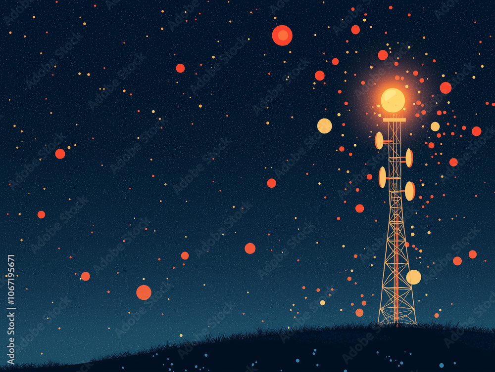 Signal Tower in the Night: A solitary signal tower stands tall against a backdrop of twinkling stars and glowing orbs, illuminating the night sky with its powerful beacon. Signal Tower in the Night: A solitary signal tower stands tall against a backdrop of twinkling stars and glowing orbs, illuminating the night sky with its powerful beacon.