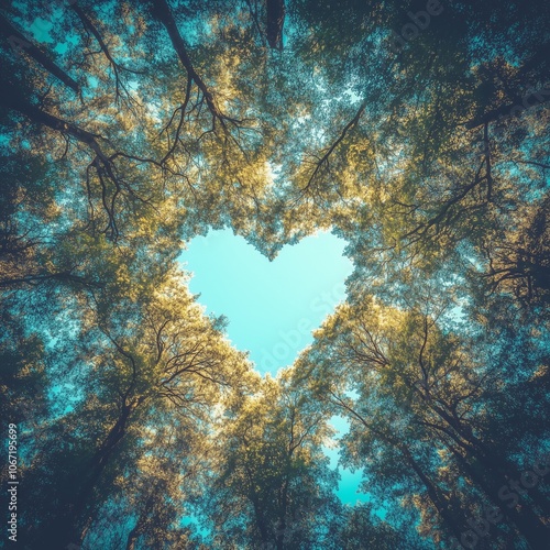 A vertical shot looking up through forest trees seeing crown shyness of the trees, where branches align to create a heart shape against a light, cloud-dotted sky.