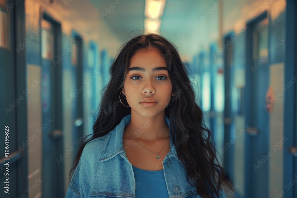 Confident Hispanic female high school student standing in hallway Confident Hispanic female high school student standing in hallway