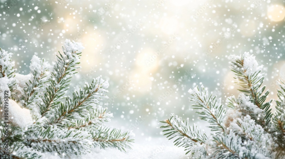 Snow-covered pine branches with soft glowing lights. Gentle snowfall in the background. Winter holiday scene. Snow-covered pine branches with soft glowing lights. Gentle snowfall in the background. Winter holiday scene.
