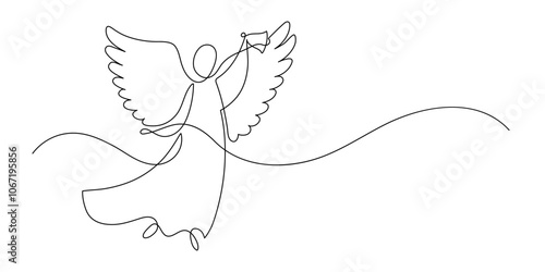 Christmas angel with bell. Continuous line drawing.