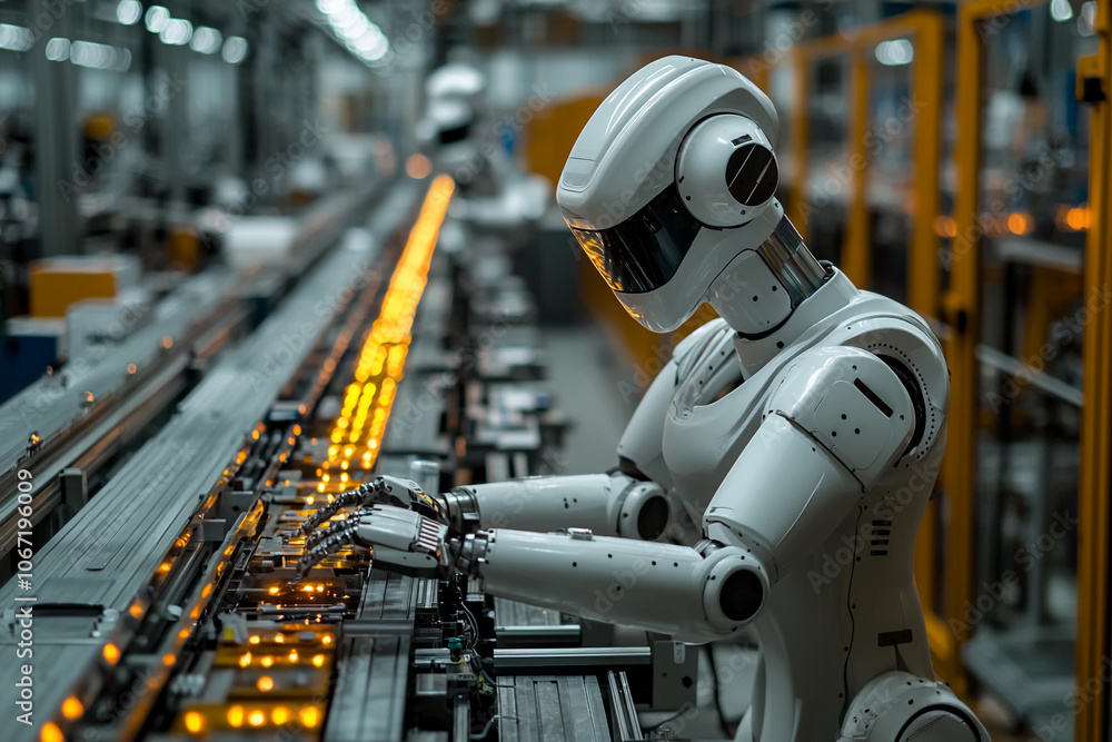 Robotic assembly line worker operates machinery in modern factory Robotic assembly line worker operates machinery in modern factory