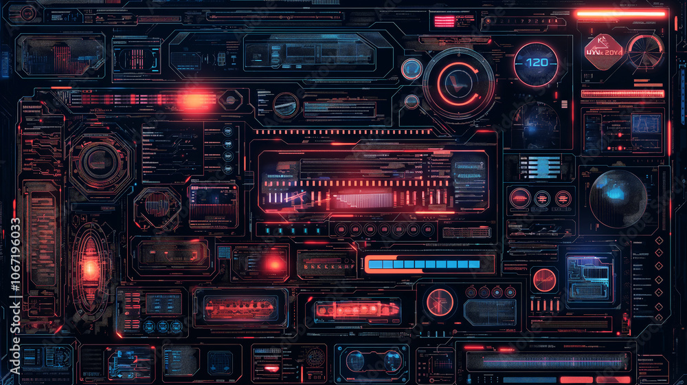 Futuristic dashboard with glowing red and blue lights in a sci-fi inspired design Futuristic dashboard with glowing red and blue lights in a sci-fi inspired design
