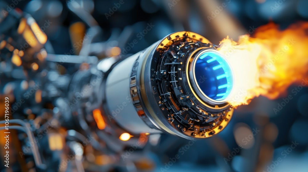 Futuristic Rocket Engine Igniting in Close-Up View Futuristic Rocket Engine Igniting in Close-Up View