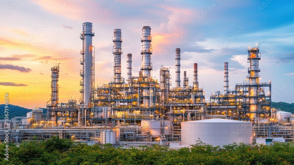 Obraz premium Oil refinery with towering structures at sunset, showcasing industrial energy production.
