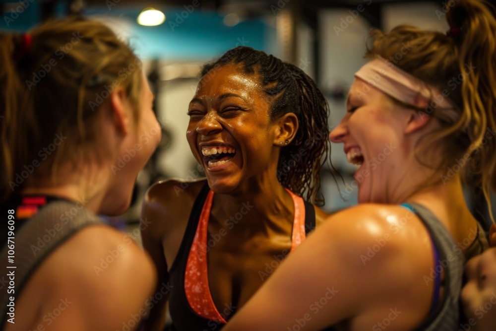 Candid group of women laughing after gym workout Candid group of women laughing after gym workout