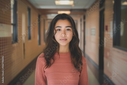 Confident Hispanic female high school student standing in hallway photo