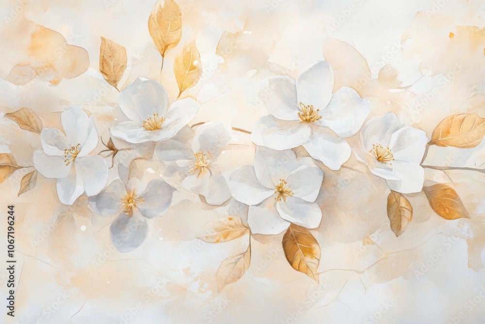 Watercolor Abstract Background with White Flowers and Golden Leaves Watercolor Abstract Background with White Flowers and Golden Leaves