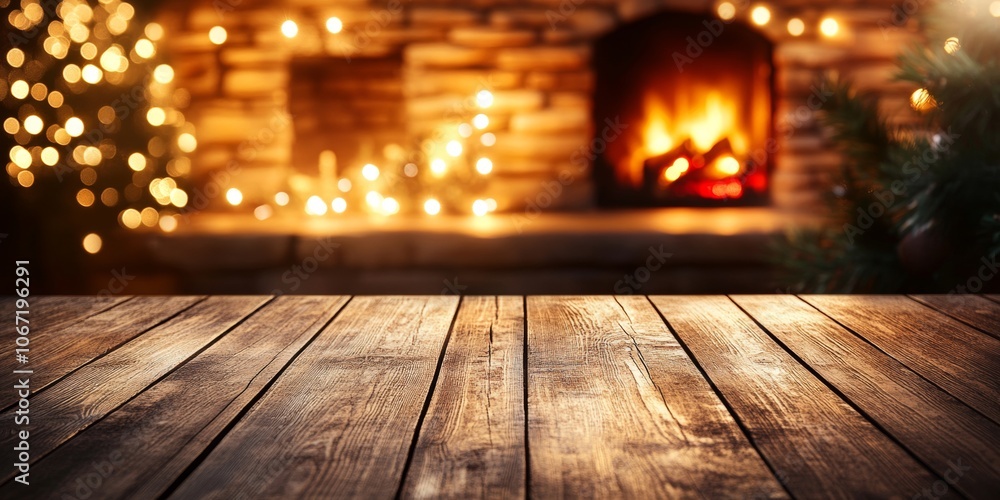 Wooden table in front of a glowing fireplace with bokeh lights and Christmas decorations. A cozy and warm holiday scene, perfect for winter gatherings and festive designs. Wooden table in front of a glowing fireplace with bokeh lights and Christmas decorations. A cozy and warm holiday scene, perfect for winter gatherings and festive designs.