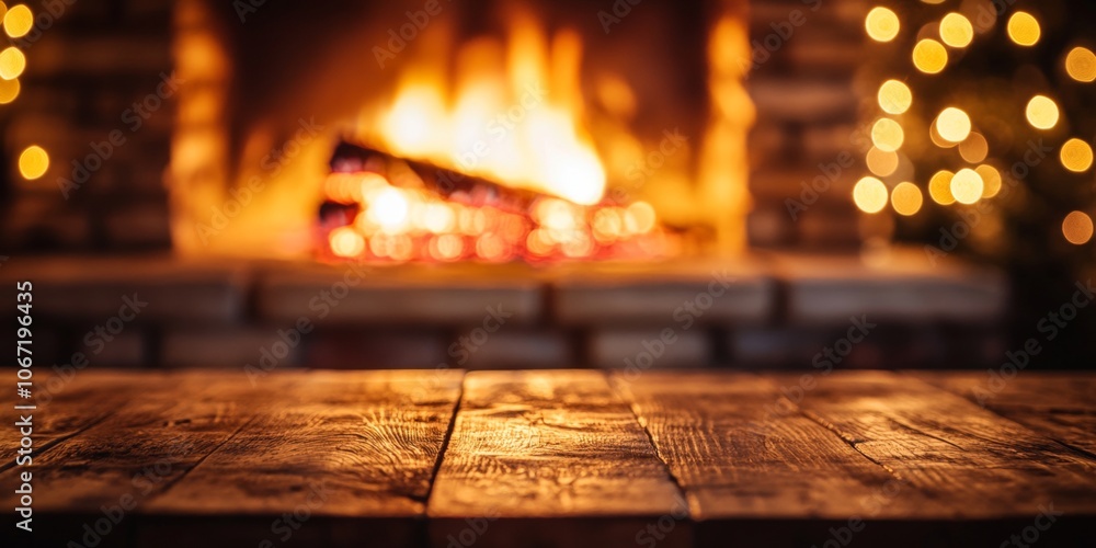 Wooden table in front of a glowing fireplace with bokeh lights and Christmas decorations. A cozy and warm holiday scene, perfect for winter gatherings and festive designs. Wooden table in front of a glowing fireplace with bokeh lights and Christmas decorations. A cozy and warm holiday scene, perfect for winter gatherings and festive designs.