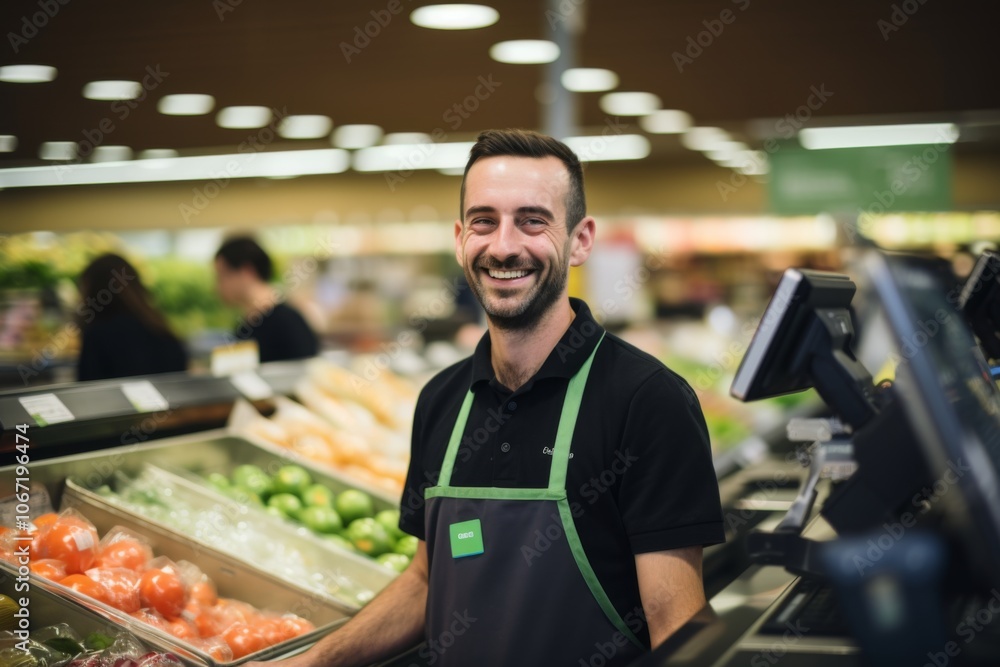 Portrait of a cashier smiling while working at the grocery store Portrait of a cashier smiling while working at the grocery store