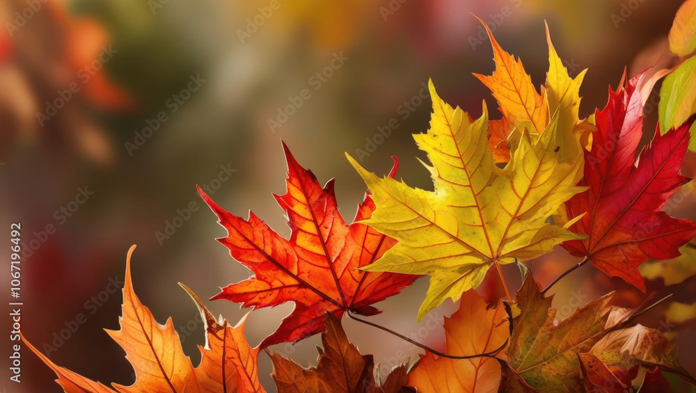 Colorful autumn leaves in vibrant shades create warm atmosphere Colorful autumn leaves in vibrant shades create warm atmosphere