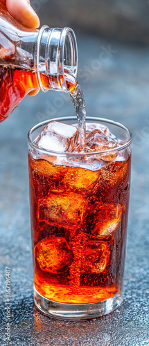 A refreshing drink is being poured over ice into a glass, showcasing a fizzy, dark beverage that sparkles with bubbles. photo