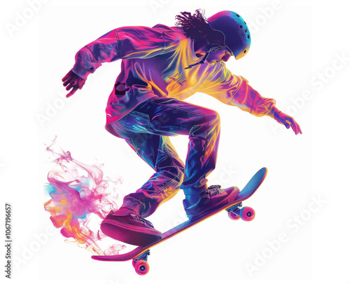 Skater performing a dynamic trick, colorful electroluminescent style image photo