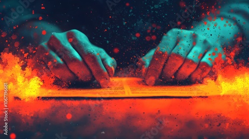 Dramatic Moment: Hands Tear Up Stock Certificates in a Vivid Burst of Colorful Destruction. Stock Market Fail Concept