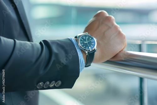 Business traveler checking time on his wristwatch at airport photo