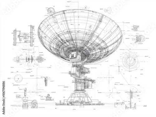 Radio Telescope Blueprint: Detailed technical drawing of a radio telescope, showcasing its intricate design and engineering marvel. Perfect for science, technology, and engineering concepts.  photo