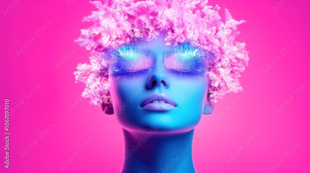 Obraz premium Vibrant neon portrait featuring futuristic makeup and cotton candy hair