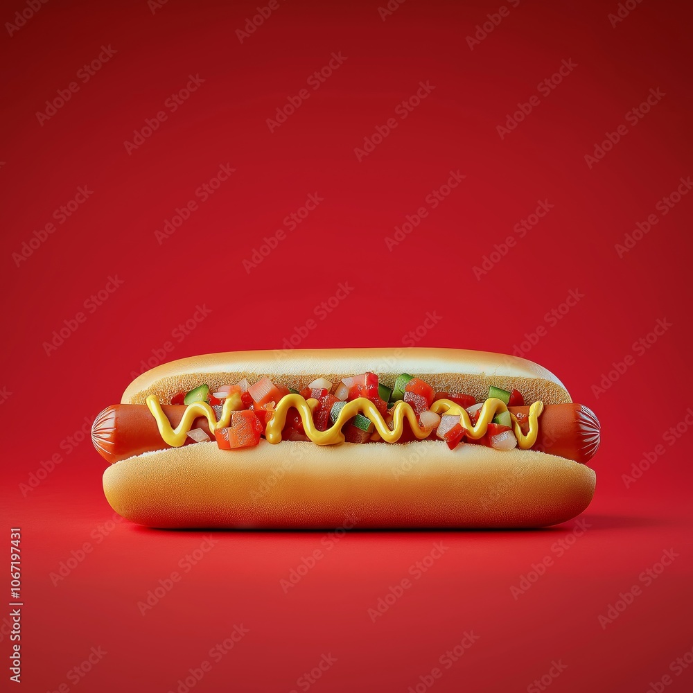 Mouth-Watering Hot Dog with Mustard, Ketchup, and Pickles on Vibrant Red Background Mouth-Watering Hot Dog with Mustard, Ketchup, and Pickles on Vibrant Red Background