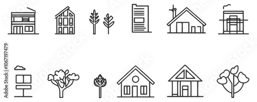 A black and white vector icon set focused on green building themes with minimalist line designs representing eco friendly construction and sustainable architecture.