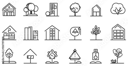 A black and white vector icon set focused on green building themes, featuring minimalist line designs that highlight eco friendly construction and sustainable architecture.