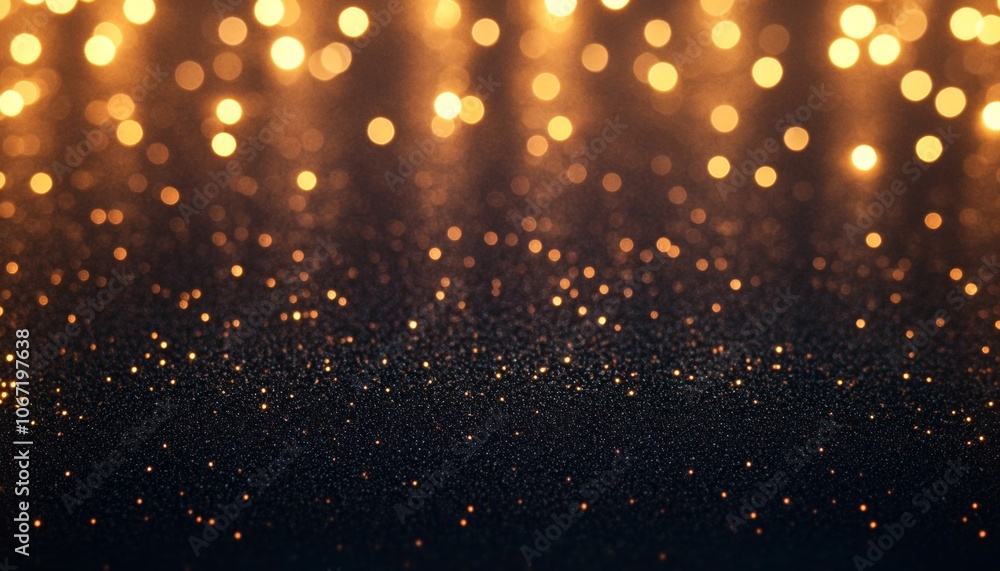 Naklejka premium Golden glitter lights on a dark background. Abstract bokeh sparkles creating a warm, festive atmosphere. Perfect for holiday or New Year's celebrations.