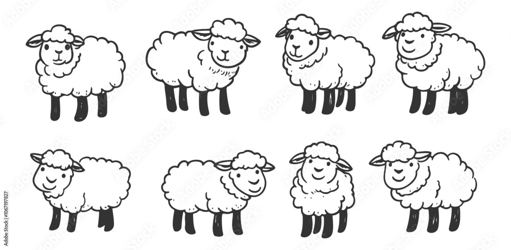 Fototapeta premium Set of adorable hand-drawn sheep in line art style, featuring playful lamb illustrations in vector format, perfect for children’s designs and farm-related themes.