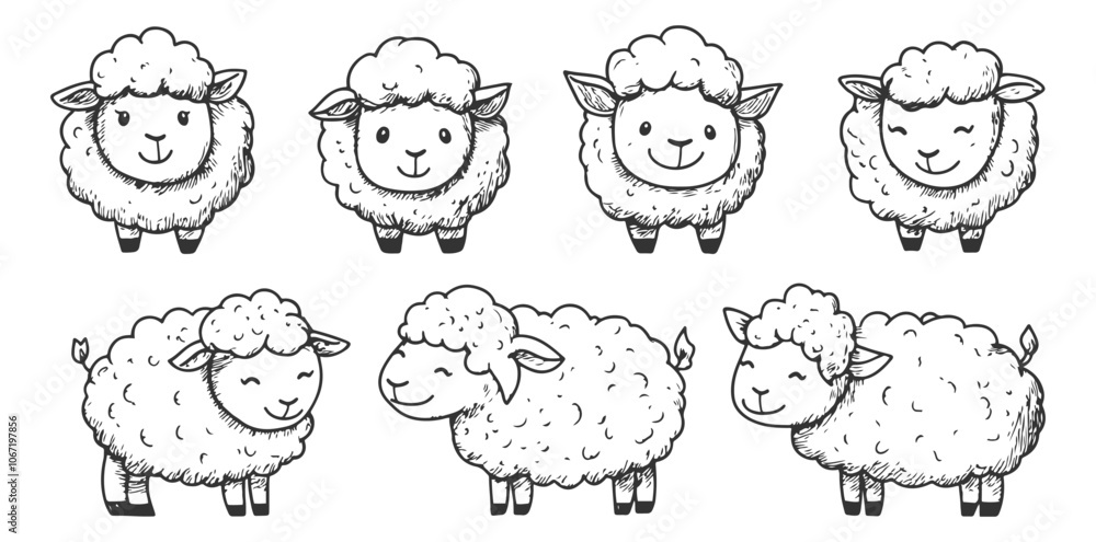 Obraz premium Set of adorable hand-drawn space-themed sheep in line art style, featuring cute sheep with space elements in vector format, ideal for creative and whimsical designs.