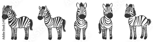 Set of adorable hand-drawn zebras and foals in line art style, featuring charming zebra characters in vector format, perfect for animal-themed designs.