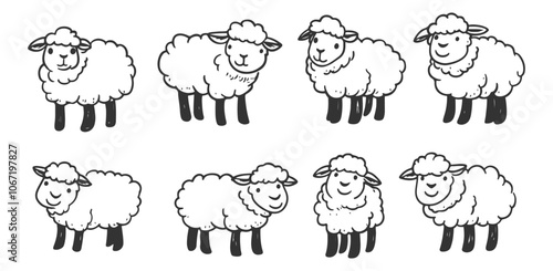 Set of adorable hand-drawn sheep in line art style, featuring playful lamb illustrations in vector format, perfect for children’s designs and farm-related themes.