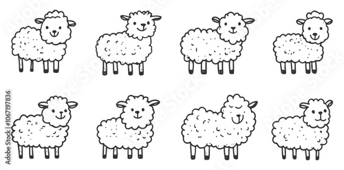 Set of adorable hand-drawn sheep in line art style, featuring vector illustrations of fluffy lambs, ideal for graphic designs and animal-themed projects. photo