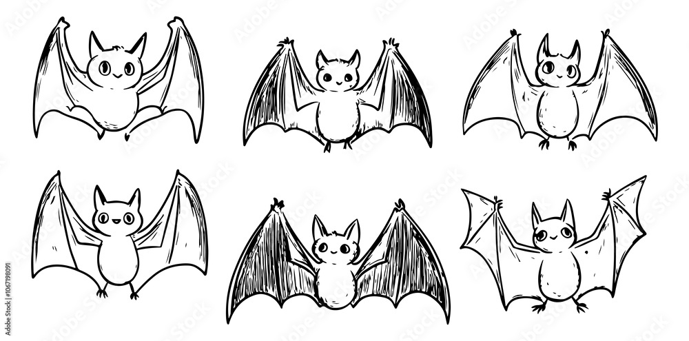 Fototapeta premium Set of cute hand-drawn bats in line art vector style, each designed with simple lines and quirky expressions, perfect for Halloween-themed illustrations or whimsical designs.