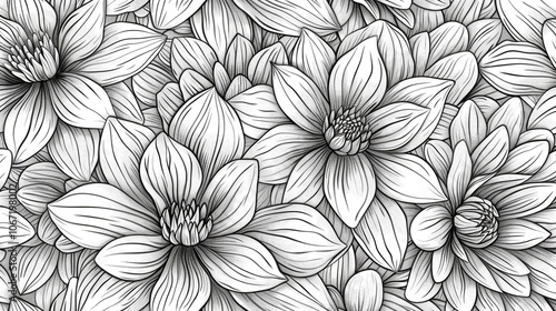 A black and white drawing of a flower with a white background. The flower is a dahlias and it is surrounded by other dahlias. 
